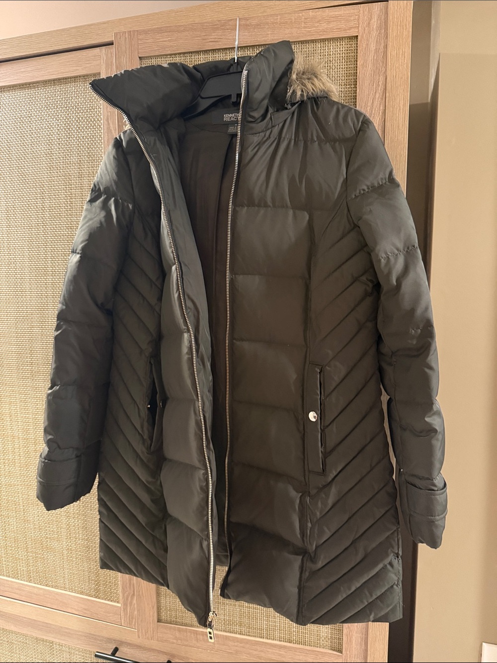 Kenneth Cole Reaction Women's Dark Olive Puffer Coat with Faux Fur Trim